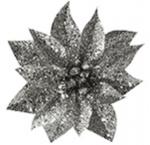 X Kvet MagicHome Vianoce GlitterPoinsettia, so štipcom, strieborný, veľkosť kvetu: 9 cm, dĺžka kvetu: 8 cm, 6 ks